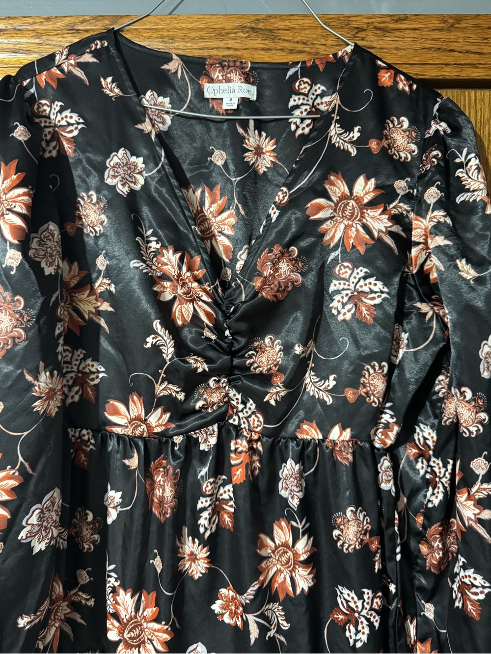 Black Floral Satin Long-Sleeve Midi Dress